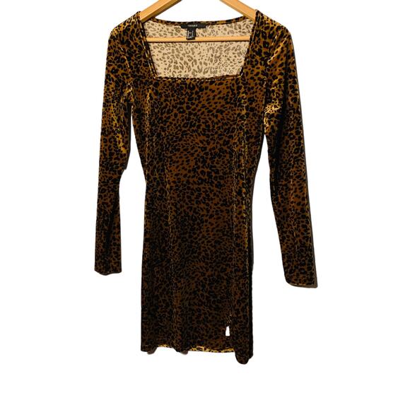 Forever 21 Leopard Print Long Sleeve Square Neck Velvet Mini Dress - Picture 1 of 7